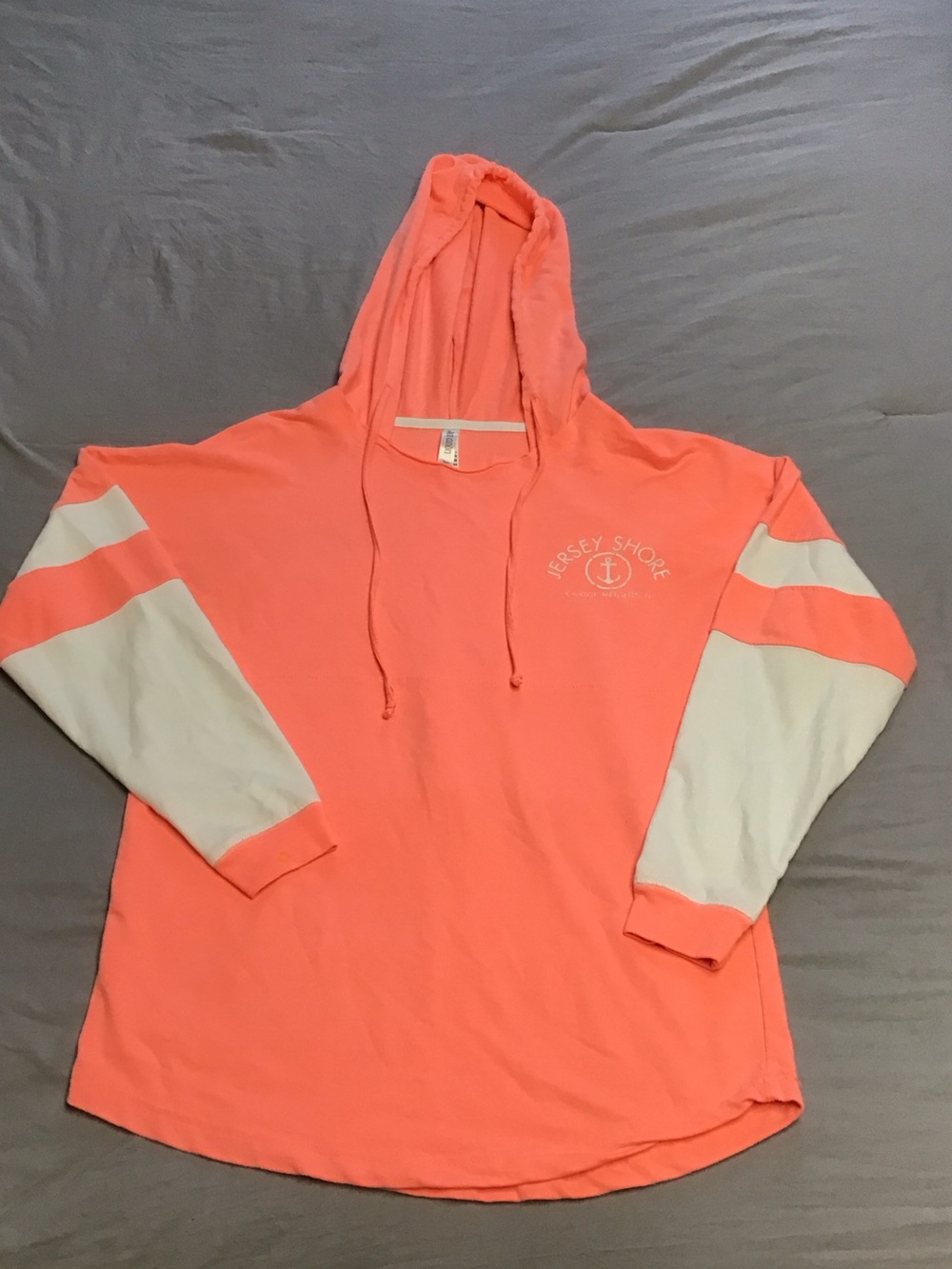 Coral Jersey Shore Pullover Hoodie with White Sleeve Panels
